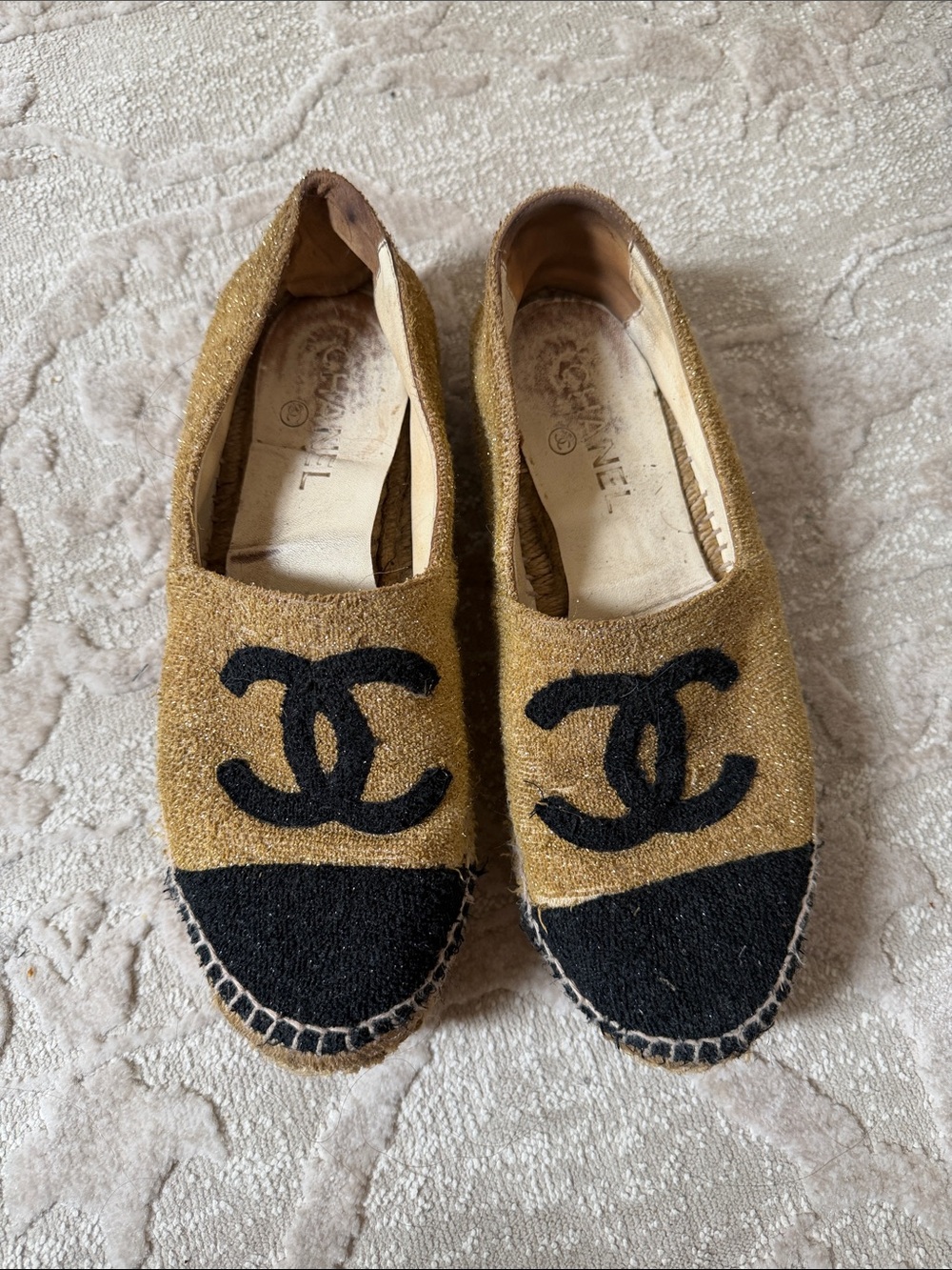 CHANEL Gold and Black Logo Espadrilles
